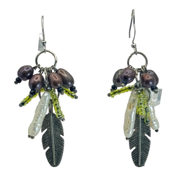 Sterling Genuine Pearl Dangle Earrings Biwa Pearls Feather Detail Beautiful Fun - Picture 2 of 7